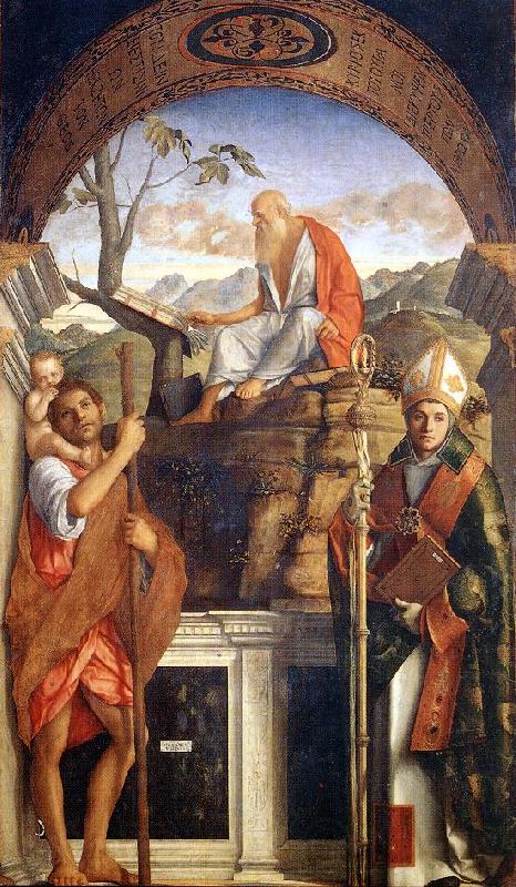 BELLINI, Giovanni Sts Christopher, Jerome and Ludwig of Toulouse Spain oil painting art
